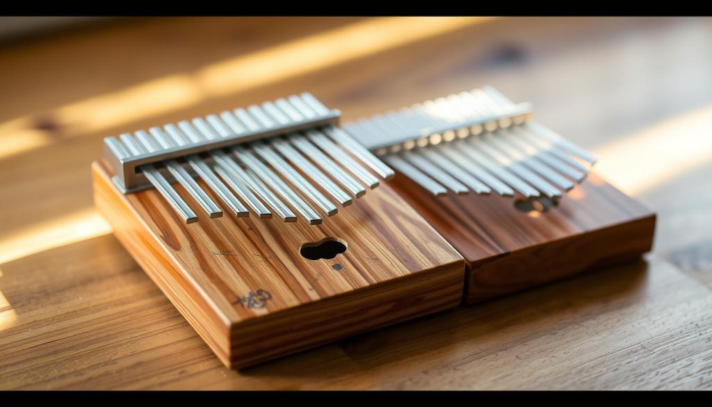 A close-up photograph of two kalimbas (African thumb pianos) resting on a wooden surface, illuminated by soft, natural lighting. The instruments' intricate designs and unique materials, such as wood, metal, and bamboo, are prominently featured. The kalimbas are positioned in a way that showcases their delicate construction, inviting the viewer to appreciate the craftsmanship and attention to detail. The background is slightly blurred, allowing the kalimbas to be the focal point, conveying a sense of focus and emphasis on the instruments' technical aspects and sonic qualities.