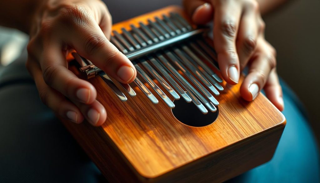 A close-up view of a person's hands gently caressing the strings of a kalimba, a small African thumb piano. The fingers gracefully pluck the metal tines, creating a soothing, contemplative melody. The kalimba is positioned prominently in the center of the frame, its warm wooden body and distinct shape filling the majority of the image. The background is softly blurred, emphasizing the tactile connection between the hands and the instrument. Soft, natural lighting from the side casts a gentle glow, highlighting the textures of the wood and metal. The overall mood is one of tranquility and focus, reflecting the care and preparation required to play the kalimba. A close-up view of a person's hands gently caressing the strings of a kalimba, a small African thumb piano. The fingers gracefully pluck the metal tines, creating a soothing, contemplative melody. The kalimba is positioned prominently in the center of the frame, its warm wooden body and distinct shape filling the majority of the image. The background is softly blurred, emphasizing the tactile connection between the hands and the instrument. Soft, natural lighting from the side casts a gentle glow, highlighting the textures of the wood and metal. The overall mood is one of tranquility and focus, reflecting the care and preparation required to play the kalimba.