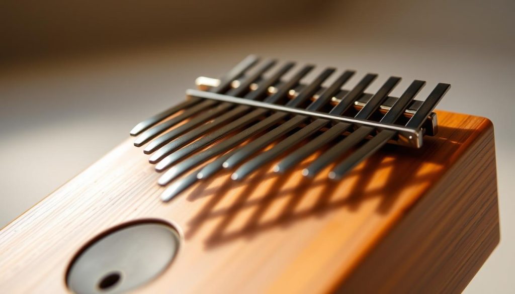 A close-up view of a traditional Hugh Tracey kalimba, its distinctive wooden body and metal tines glistening under warm, directional lighting. The kalimba is held in focus, with a softly blurred background suggesting a minimalist studio setting. The tines are slightly angled, capturing the instrument's delicate, resonant sound. The wood grain and subtle textures of the kalimba's surface are clearly visible, conveying its craftsmanship and heritage. The image exudes a sense of reverence for this iconic African musical instrument and its unique musical qualities. A close-up view of a traditional Hugh Tracey kalimba, its distinctive wooden body and metal tines glistening under warm, directional lighting. The kalimba is held in focus, with a softly blurred background suggesting a minimalist studio setting. The tines are slightly angled, capturing the instrument's delicate, resonant sound. The wood grain and subtle textures of the kalimba's surface are clearly visible, conveying its craftsmanship and heritage. The image exudes a sense of reverence for this iconic African musical instrument and its unique musical qualities.
