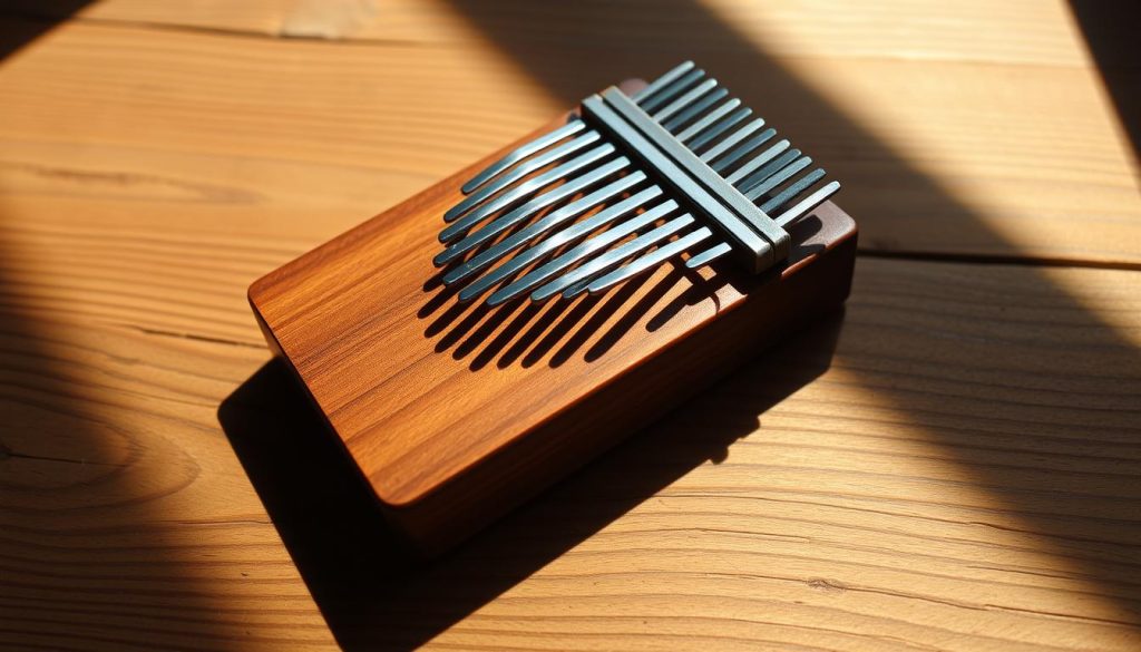 A compact and portable kalimba, its thumb piano keys glistening under warm, natural lighting. The instrument rests upon a weathered wooden surface, its silhouette casting a soft shadow. The kalimba's elegant, minimalist design evokes a sense of tranquility and mindfulness, perfect for on-the-go musical exploration. The scene exudes a cozy, intimate atmosphere, inviting the viewer to pick up the instrument and let their fingers dance across the keys, creating soothing, melodic tunes.