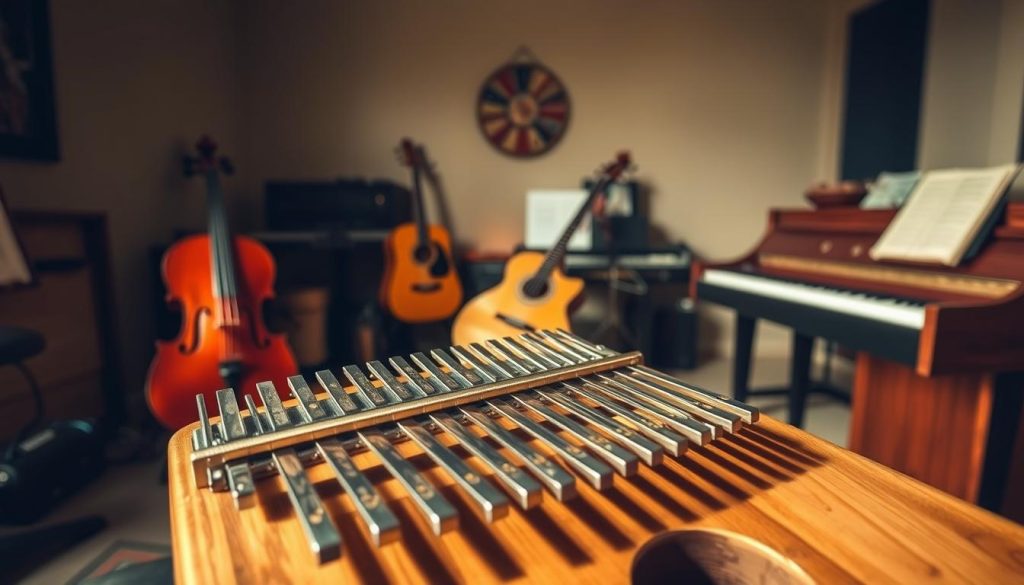 A cozy music studio filled with a variety of musical instruments, including a kalimba, showcasing common problems encountered while playing. The foreground features the kalimba, its unique tines and mechanics highlighted under soft, warm lighting. In the middle ground, other instruments like a violin, guitar, and piano are partially visible, each representing potential issues. The background depicts a muted, contemplative atmosphere, with neutral-toned walls and subtle shadows, emphasizing the focus on the instruments and their challenges. The overall composition conveys a sense of guidance and problem-solving, reflecting the title "Problèmes courants et solutions pratiques pour bien jouer". A cozy music studio filled with a variety of musical instruments, including a kalimba, showcasing common problems encountered while playing. The foreground features the kalimba, its unique tines and mechanics highlighted under soft, warm lighting. In the middle ground, other instruments like a violin, guitar, and piano are partially visible, each representing potential issues. The background depicts a muted, contemplative atmosphere, with neutral-toned walls and subtle shadows, emphasizing the focus on the instruments and their challenges. The overall composition conveys a sense of guidance and problem-solving, reflecting the title "Problèmes courants et solutions pratiques pour bien jouer".