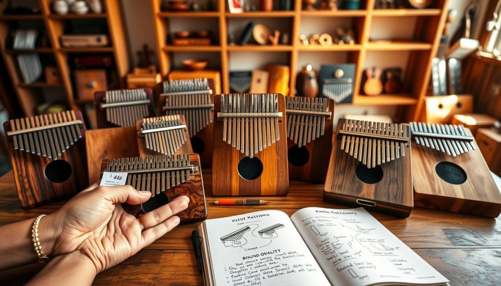 A detailed guide on purchasing a kalimba, featuring a collection of beautifully crafted kalimbas in varying shapes, sizes, and wood finishes arranged aesthetically on a vintage wooden table. In the foreground, a pair of hands gently holds a kalimba, showcasing the intricate keys and craftsmanship, while a price tag is subtly placed beside it. In the middle ground, an open notebook with hand-drawn diagrams of kalimba anatomy and notes on sound quality highlights the importance of informed purchasing. The background features soft-focus shelves displaying various kalimba brands and accessories, illuminated by warm, natural light streaming from a nearby window, creating an inviting and educational atmosphere, perfect for music enthusiasts seeking the best kalimba.