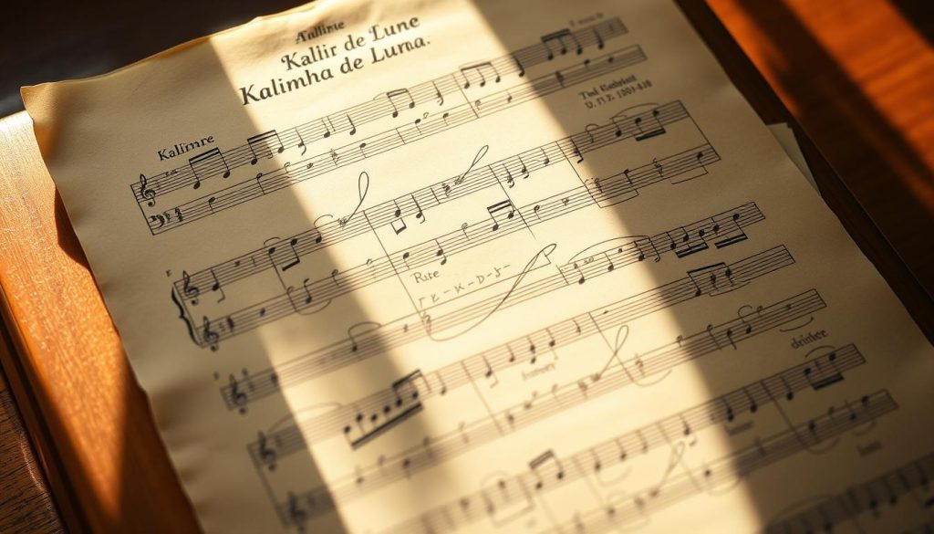 A detailed tablature sheet, illuminated by warm, natural lighting. The tablature displays the musical notation for the Kalimba de Luna piece, with clear, legible handwriting. The paper has a vintage, parchment-like texture, adding an air of authenticity. The tablature is the focal point, occupying the center of the frame, surrounded by a subtle background that suggests a serene, contemplative setting, perhaps a wooden desk or a musical instrument. The overall mood is one of focus and concentration, inviting the viewer to study the tablature and immerse themselves in the process of learning the Kalimba de Luna. A detailed tablature sheet, illuminated by warm, natural lighting. The tablature displays the musical notation for the Kalimba de Luna piece, with clear, legible handwriting. The paper has a vintage, parchment-like texture, adding an air of authenticity. The tablature is the focal point, occupying the center of the frame, surrounded by a subtle background that suggests a serene, contemplative setting, perhaps a wooden desk or a musical instrument. The overall mood is one of focus and concentration, inviting the viewer to study the tablature and immerse themselves in the process of learning the Kalimba de Luna.