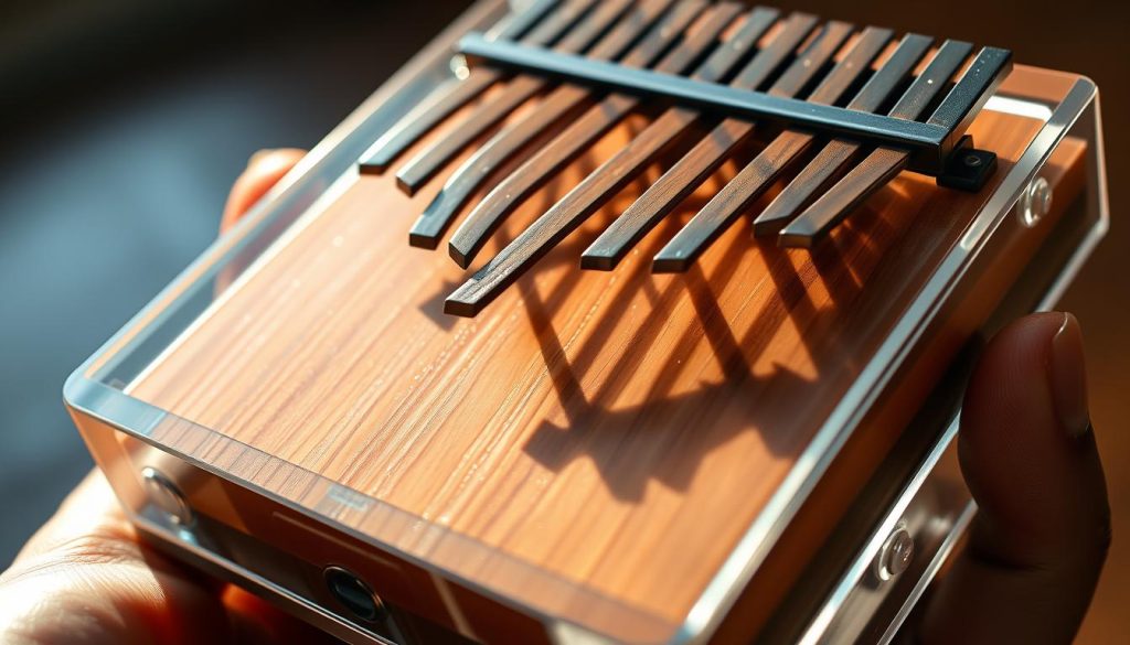 A detailed, well-lit close-up shot of an ergonomically designed kalimba, showcasing its transparent acrylic frame, subtly curved and textured wooden keys, and intuitive finger positioning. The lighting creates a warm, inviting atmosphere, highlighting the natural grain and organic shapes of the instrument. The camera angle emphasizes the comfortable hand grip and the smooth, seamless integration of the mechanical components, conveying a sense of thoughtful design and user-centric engineering. A detailed, well-lit close-up shot of an ergonomically designed kalimba, showcasing its transparent acrylic frame, subtly curved and textured wooden keys, and intuitive finger positioning. The lighting creates a warm, inviting atmosphere, highlighting the natural grain and organic shapes of the instrument. The camera angle emphasizes the comfortable hand grip and the smooth, seamless integration of the mechanical components, conveying a sense of thoughtful design and user-centric engineering.