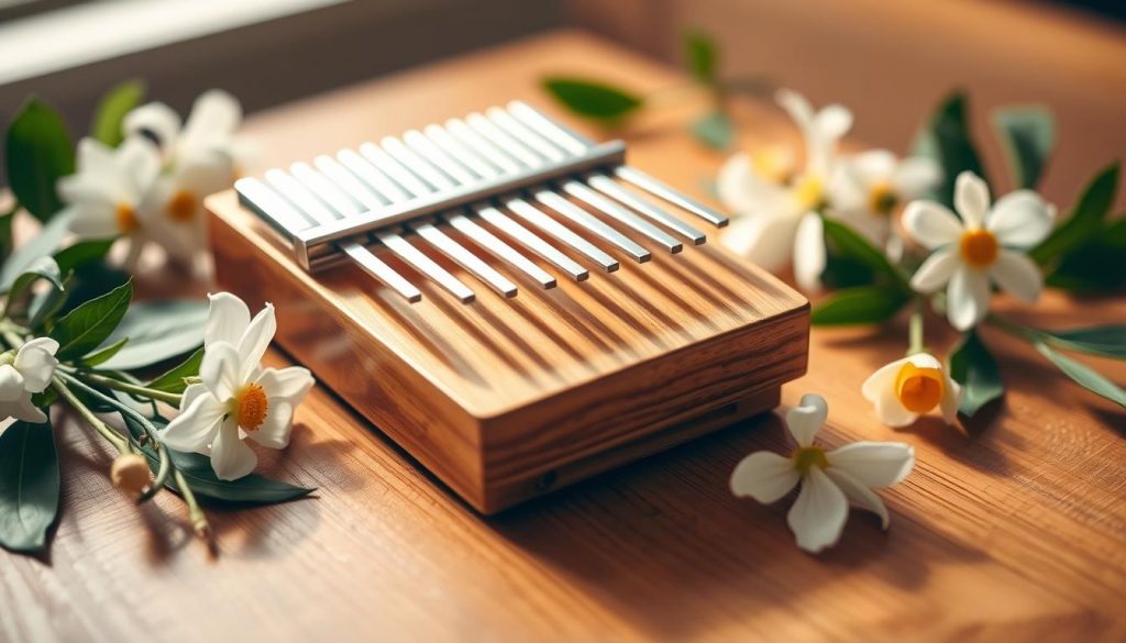 A kalimba, also known as a thumb piano, rests gently on a wooden table, its metallic tines glinting softly in the warm, natural lighting. The instrument, a model suitable for beginners, is surrounded by a harmonious arrangement of flowers and leaves, creating a serene, nature-inspired atmosphere. The camera angle captures the kalimba in a front-on perspective, highlighting its distinct shape and inviting the viewer to imagine the soothing, melodic tones it can produce. The overall scene conveys a sense of simplicity, tranquility, and the joy of musical exploration, perfectly capturing the essence of a "kalimba débutants" for the featured article section.