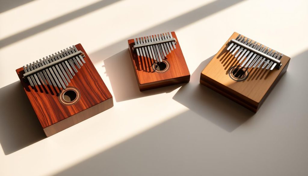 A sleek and modern kalimba display featuring the best-selling models from Hokema, Gecko, and Meinl. The kalimbas are artfully arranged on a clean, minimalist surface, casting subtle shadows that add depth and dimension. Warm, natural lighting highlights the instruments' exquisite craftsmanship and distinct wood tones, from the rich mahogany of the Hokema to the lighter, more vibrant hues of the Gecko and Meinl models. The overall composition conveys a sense of premium quality and attention to detail, perfectly showcasing these top-tier kalimba brands.