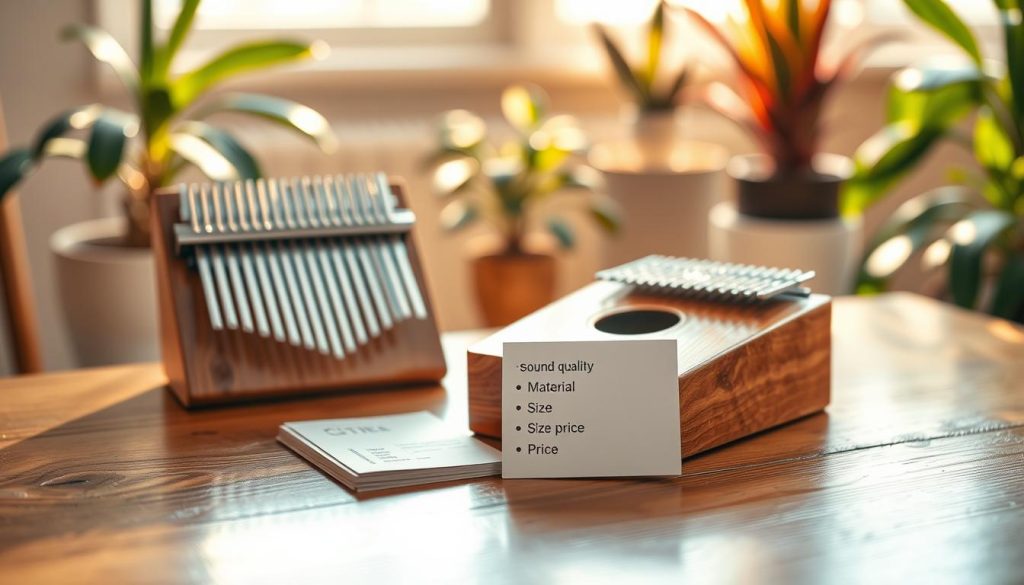 A visually captivating scene showcasing a wooden kalimba on a polished wooden table. In the foreground, focus on the kalimba itself, with its metal tines glinting in soft, natural light. In the middle ground, arrange a selection of essential criteria cards—such as sound quality, material, size, and price—neatly placed beside the kalimba. The background features a serene setting with blurred houseplants and soft, warm lighting that enhances the mood of tranquility and creativity. The overall atmosphere is inviting and informative, perfect for an article about selecting the best kalimba. Use a shallow depth of field to emphasize the kalimba and criteria cards while softly blurring the background elements.