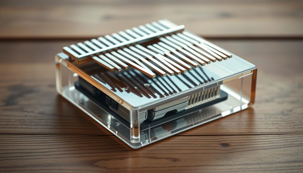 A well-crafted, durable kalimba made of natural, transparent acrylic material rests on a wooden surface, its intricate mechanisms visible from every angle. Soft, diffused lighting illuminates the instrument, highlighting its sleek, modern design and the subtle grain of the wood beneath. The scene conveys a sense of thoughtful craftsmanship, durability, and long-lasting quality - essential attributes for an instrument that will withstand the test of time. A well-crafted, durable kalimba made of natural, transparent acrylic material rests on a wooden surface, its intricate mechanisms visible from every angle. Soft, diffused lighting illuminates the instrument, highlighting its sleek, modern design and the subtle grain of the wood beneath. The scene conveys a sense of thoughtful craftsmanship, durability, and long-lasting quality - essential attributes for an instrument that will withstand the test of time.