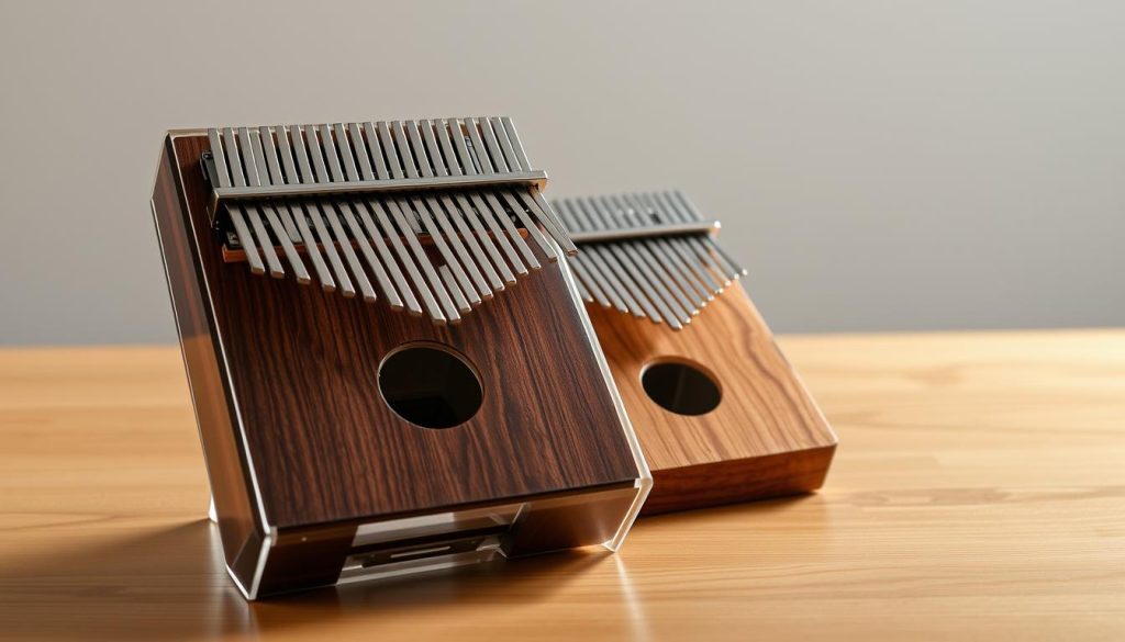 A well-lit studio setting with a wooden table showcasing two kalimbas - one made of transparent acrylic and the other of polished wood. The transparent kalimba sits in the foreground, its internal structure visible, casting subtle reflections on the table's surface. The wooden kalimba occupies the middle ground, its rich grains and warm tones complementing the transparent counterpart. In the background, a soft, diffused lighting creates a serene, contemplative atmosphere, inviting the viewer to explore the nuanced tonal differences between the two instruments. The composition emphasizes the visual contrast and the musical characteristics that distinguish the transparent and wooden kalimbas, guiding the viewer's choice based on their personal needs and preferences. A well-lit studio setting with a wooden table showcasing two kalimbas - one made of transparent acrylic and the other of polished wood. The transparent kalimba sits in the foreground, its internal structure visible, casting subtle reflections on the table's surface. The wooden kalimba occupies the middle ground, its rich grains and warm tones complementing the transparent counterpart. In the background, a soft, diffused lighting creates a serene, contemplative atmosphere, inviting the viewer to explore the nuanced tonal differences between the two instruments. The composition emphasizes the visual contrast and the musical characteristics that distinguish the transparent and wooden kalimbas, guiding the viewer's choice based on their personal needs and preferences.