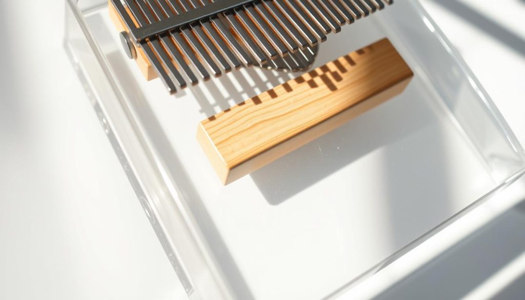 Detailed close-up of a transparent acrylic kalimba, beautifully illuminated by natural light. The instrument is showcased against a minimalist backdrop, highlighting its clean, contemporary design. The acrylic body allows the viewer to appreciate the intricate internal mechanism, creating a visually captivating contrast between the solid wood bridge and the translucent housing. The image emphasizes the material's clarity and durability, conveying a sense of modern, high-quality craftsmanship. Subtle shadows and reflections add depth and dimension, inviting the viewer to appreciate the kalimba's tactile and visual appeal. Detailed close-up of a transparent acrylic kalimba, beautifully illuminated by natural light. The instrument is showcased against a minimalist backdrop, highlighting its clean, contemporary design. The acrylic body allows the viewer to appreciate the intricate internal mechanism, creating a visually captivating contrast between the solid wood bridge and the translucent housing. The image emphasizes the material's clarity and durability, conveying a sense of modern, high-quality craftsmanship. Subtle shadows and reflections add depth and dimension, inviting the viewer to appreciate the kalimba's tactile and visual appeal.