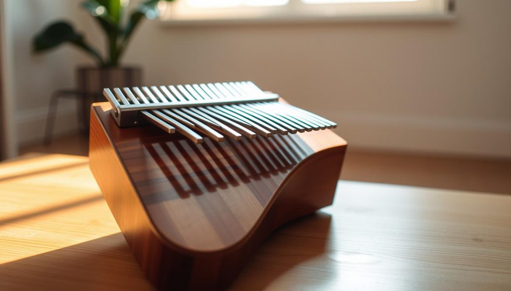 A beautifully crafted kalimba, its 17 melodious tines gleaming under warm, natural lighting. The instrument's ergonomic, curved design nestles comfortably in the player's hands, inviting them to explore its soothing, ethereal tones. In the foreground, the kalimba rests on a smooth, wooden surface, its polished finish reflecting the room's ambient light. The middle ground showcases the kalimba's thoughtful construction, with a focus on the ergonomic shape that allows for effortless playability. The background fades into a serene, minimalist setting, emphasizing the instrument's elegant simplicity and its potential to transport the user into a calming, meditative state.