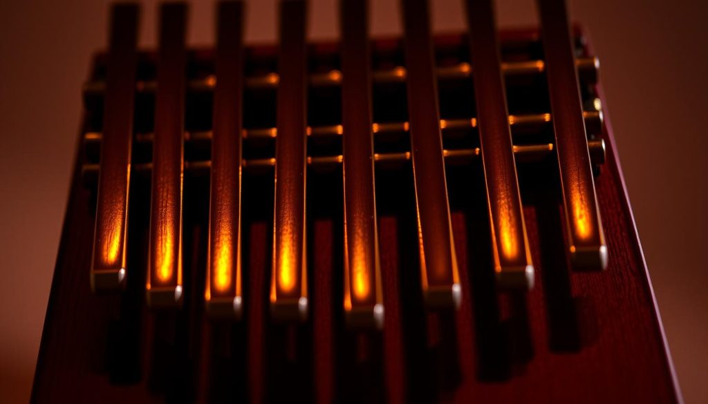 A close-up photograph of the lames, or tines, of a kalimba musical instrument, also known as a thumb piano. The lames are arranged in a symmetrical pattern, with each one reflecting the warm light from an unseen source, creating a mesmerizing play of highlights and shadows. The background is a soft, blurred gradient, allowing the kalimba lames to be the central focus of the image. The overall mood is one of introspection and contemplation, inviting the viewer to explore the nuances and harmonies of this unique and enchanting instrument. A close-up photograph of the lames, or tines, of a kalimba musical instrument, also known as a thumb piano. The lames are arranged in a symmetrical pattern, with each one reflecting the warm light from an unseen source, creating a mesmerizing play of highlights and shadows. The background is a soft, blurred gradient, allowing the kalimba lames to be the central focus of the image. The overall mood is one of introspection and contemplation, inviting the viewer to explore the nuances and harmonies of this unique and enchanting instrument.
