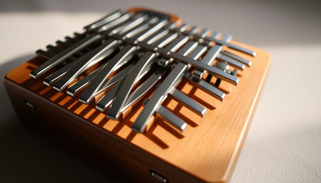 A close-up shot of a kalimba (African thumb piano) with 17 metal tines, capturing the intricate mechanics of the instrument. The tines are shown in a clear, well-lit environment, allowing the viewer to appreciate the harmonious arrangement and the precise tuning required for beginner-friendly musical scales. The kalimba is positioned on a neutral background, emphasizing the simplicity and elegance of the design. The lighting is soft and diffused, casting subtle shadows that accentuate the contours of the instrument and the delicate nature of the tines. The overall composition conveys a sense of focus and attention to detail, inviting the viewer to explore the nuances of this versatile and accessible musical tool.