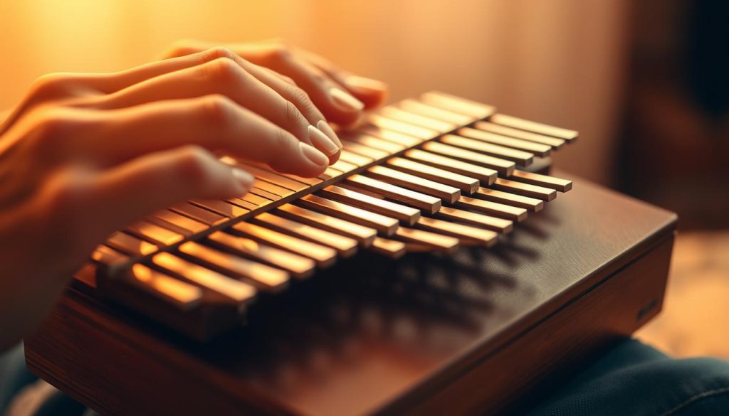 A close-up shot of a person's hands gracefully playing a kalimba, the fingers skillfully gliding across the metal tines, creating a soothing and meditative melody. The kalimba is positioned in the foreground, bathed in warm, diffused lighting that highlights the intricate details of the instrument. The background is softly blurred, creating a sense of focus and tranquility. The image conveys a peaceful, relaxing atmosphere, inviting the viewer to experience the calming effects of the kalimba's gentle tones and the player's fluid, mindful technique.