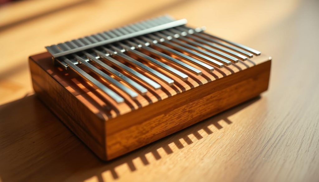 A close-up view of a kalimba, a small African thumb piano, resting on a wooden surface. The instrument's metallic tines glimmer under soft, directional lighting, casting warm shadows that accentuate its organic, handcrafted form. The kalimba's simple, elegant design is the focus, with a minimalist background that allows the instrument to take center stage. The scene conveys a sense of simplicity, quality craftsmanship, and the accessible, approachable nature of this entry-level musical instrument.