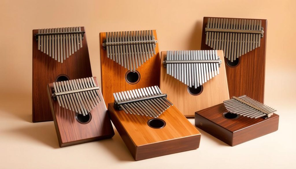 A collection of 17-key kalimbas, artfully arranged against a soft, neutral background. The kalimbas are crafted with elegant wooden bodies and distinctive metal tines, gleaming under warm, diffused lighting. The instruments are positioned to showcase their intricate details and the subtle variations in their shapes and finishes. The overall composition conveys a sense of refinement, inviting the viewer to appreciate the craftsmanship and versatility of these versatile musical tools. The image aims to highlight the kalimbas as the central focus, allowing the viewer to explore their design and imagine the soulful melodies they can produce.