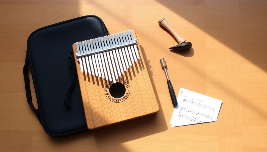 A collection of essential accessories for a beginner kalimba player, including a 17-key kalimba, a soft carrying case, a tuning hammer, and a music sheet stand. The items are neatly arranged on a warm-toned wooden surface, with soft natural lighting accentuating the textures and colors. The scene conveys a sense of simplicity, practicality, and the excitement of embarking on a new musical journey.