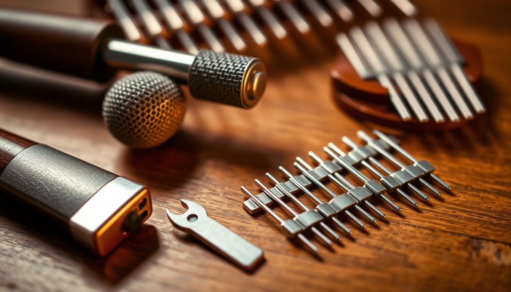 A detailed close-up shot of an assortment of traditional kalimba accessories, including a tuning hammer, a pickup mic, and several replacement metal tines. The accessories are arranged neatly on a wooden surface, illuminated by warm, diffused studio lighting that accentuates the metallic textures and organic materials. The image conveys a sense of precision and care, evoking the importance of these tools in producing the soothing, meditative tones of the kalimba instrument.