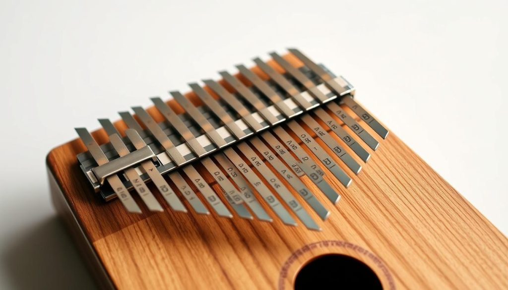 A detailed, high-resolution close-up image of a kalimba (thumb piano) with its fretboard and strings clearly visible, capturing the intricate tablature notations printed on the wooden body. The kalimba is set against a clean, minimalist background, with soft, directional lighting that accentuates the delicate textures and organic grain of the instrument. The composition emphasizes the tablature as the focal point, conveying a sense of precision, musical theory, and the connection between the visual score and the physical act of playing the kalimba.