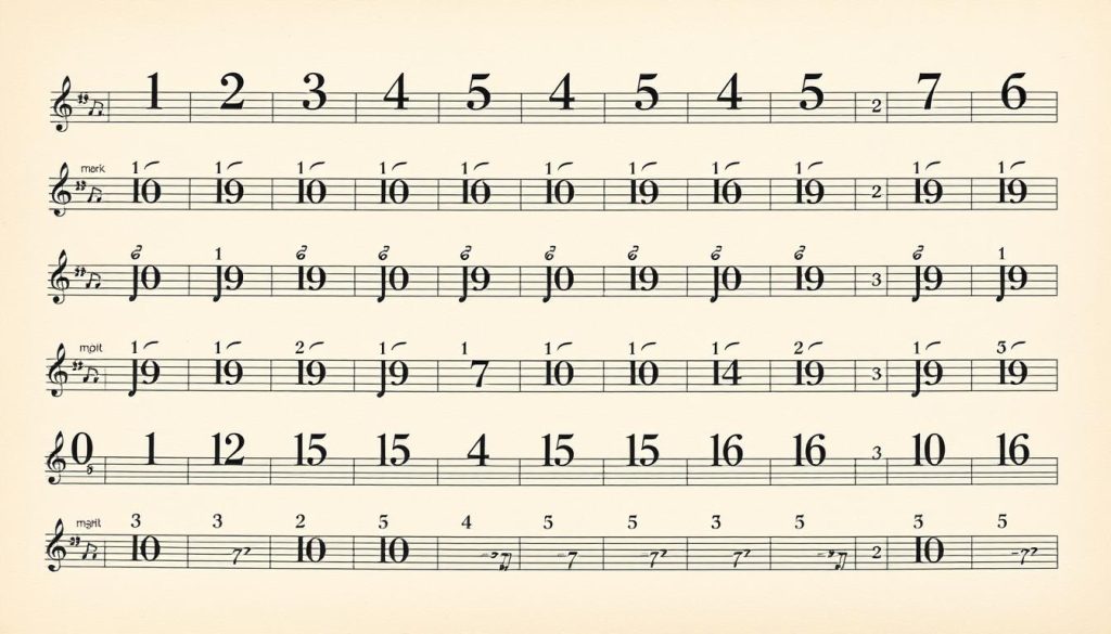 A detailed tablature sheet in the style of Arabic numerals, capturing the essence of a kalimba musical score. The numerals are elegantly rendered in a calligraphic style, set against a neutral, minimalist background that allows the numbers to take center stage. The composition features a balanced, symmetrical layout, with the numerals arranged in a grid-like pattern to convey the structured nature of the musical notation. The overall mood is one of precision, clarity, and artistic sophistication, perfectly suited to illustrate the section on reading kalimba tablatures using the NMCA system. A detailed tablature sheet in the style of Arabic numerals, capturing the essence of a kalimba musical score. The numerals are elegantly rendered in a calligraphic style, set against a neutral, minimalist background that allows the numbers to take center stage. The composition features a balanced, symmetrical layout, with the numerals arranged in a grid-like pattern to convey the structured nature of the musical notation. The overall mood is one of precision, clarity, and artistic sophistication, perfectly suited to illustrate the section on reading kalimba tablatures using the NMCA system.