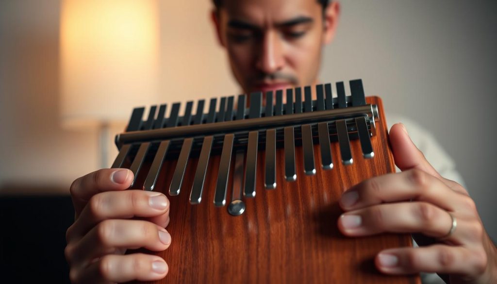 A kalimba, or thumb piano, is held in the hands, its distinctive metallic tines poised for performance. In the foreground, a player's fingers delicately pluck the tines, producing a hauntingly beautiful, resonant melody. In the middle ground, the kalimba's polished wooden body reflects the player's focused expression, illuminated by warm, diffuse lighting. In the background, a neutral, contemplative setting allows the music to take center stage, inviting the viewer to lose themselves in the nuanced interplay of rhythm and tone. The scene conveys a sense of tranquility and concentration, as the player navigates the subtleties of the instrument, overcoming common challenges in technique and theory.