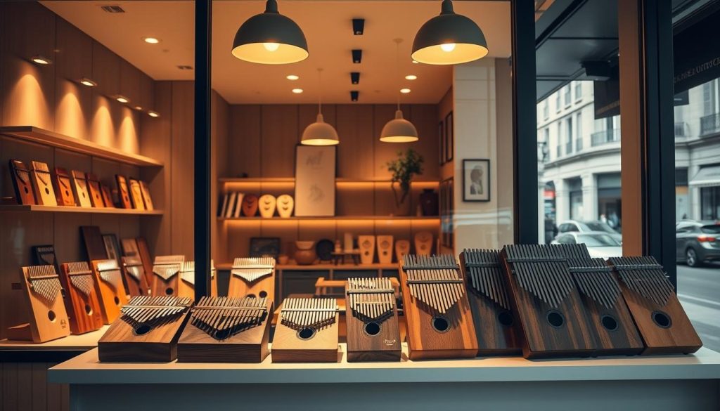 A modern, minimalist retail storefront with a large display window showcasing a collection of kalimbas in various styles and wood tones. The interior is bathed in warm, natural lighting from overhead fixtures, casting a cozy, inviting atmosphere. In the foreground, a neatly arranged display of kalimbas in different sizes, some with intricate carvings, sits atop a sleek, minimalist counter. The middle ground features a tasteful, understated decor with clean lines and earthy tones, complementing the musical instruments. The background depicts a softly blurred urban street scene, hinting at the store's convenient location. The overall composition conveys a sense of quality, craftsmanship, and accessibility, reflecting the section's title "Où acheter en France sans mauvaise surprise". A modern, minimalist retail storefront with a large display window showcasing a collection of kalimbas in various styles and wood tones. The interior is bathed in warm, natural lighting from overhead fixtures, casting a cozy, inviting atmosphere. In the foreground, a neatly arranged display of kalimbas in different sizes, some with intricate carvings, sits atop a sleek, minimalist counter. The middle ground features a tasteful, understated decor with clean lines and earthy tones, complementing the musical instruments. The background depicts a softly blurred urban street scene, hinting at the store's convenient location. The overall composition conveys a sense of quality, craftsmanship, and accessibility, reflecting the section's title "Où acheter en France sans mauvaise surprise".