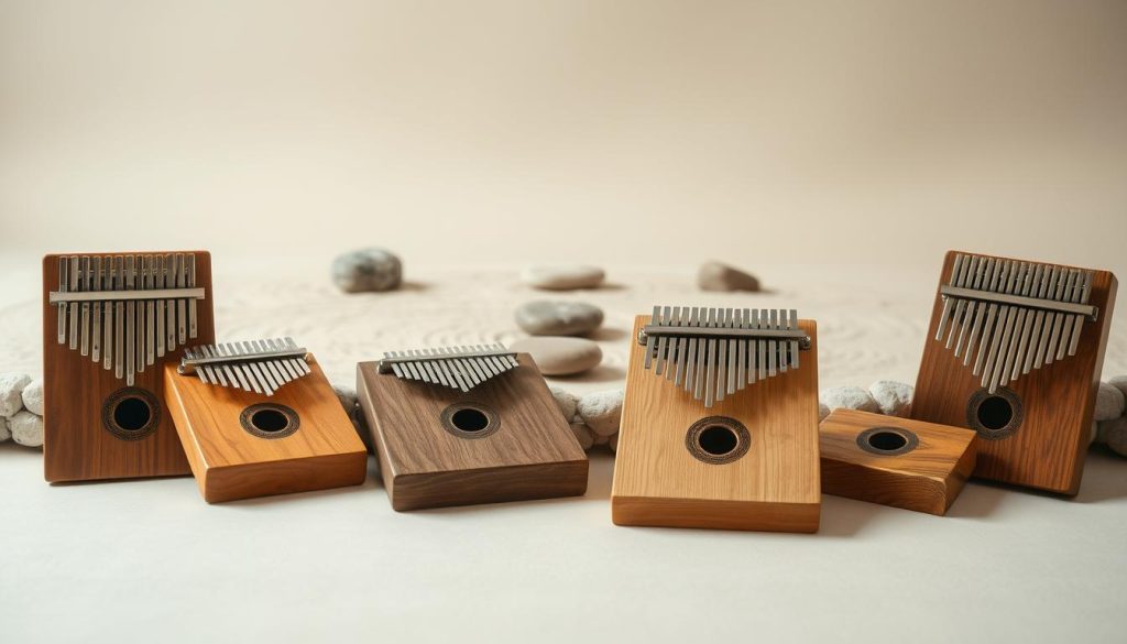 A serene composition showcasing a carefully curated selection of kalimbas, the soothing African thumb pianos. The foreground features several kalimbas in various natural wood tones, delicately arranged on a soft, neutral-colored surface. The middle ground depicts a tranquil zen garden, with raked sand patterns and strategically placed stones, creating a sense of balance and harmony. The background is a minimalist, muted color palette, evoking a meditative ambiance. The lighting is soft and diffused, casting gentle shadows and highlighting the organic textures of the instruments. The overall scene embodies a calming, contemplative atmosphere, inviting the viewer to engage in a moment of relaxation and introspection.
