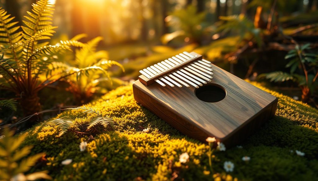 A serene kalimba resting on a soft, moss-covered forest floor, its wooden tines casting gentle shadows in the warm, golden light of a setting sun. Lush ferns and delicate wildflowers surround the instrument, creating a tranquil, meditative atmosphere. The camera angle is slightly elevated, offering a calming, bird's-eye view of the scene. The focus is crisp, emphasizing the intricate details of the kalimba and its natural setting, inviting the viewer to experience a sense of deep relaxation and inner peace.