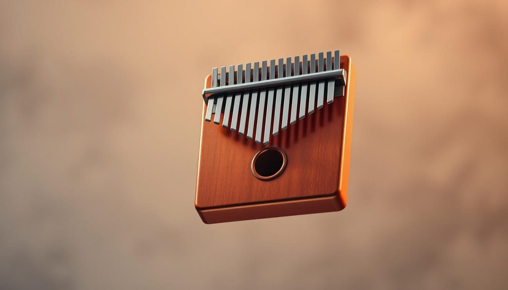 A vibrant, resonant kalimba floating against a serene, atmospheric background. The thumb piano is rendered in a warm, metallic finish, its tines glistening under soft, diffused lighting. The instrument hovers weightlessly, surrounded by a hazy, dreamlike aura that evokes the mellow, melancholic tonality of its music. The composition features a minimalist, minimalist aesthetic, allowing the kalimba to take center stage and convey a sense of tranquility and introspection. The overall mood is one of contemplation and emotional resonance, perfectly capturing the essence of a budget-friendly, entry-level kalimba.