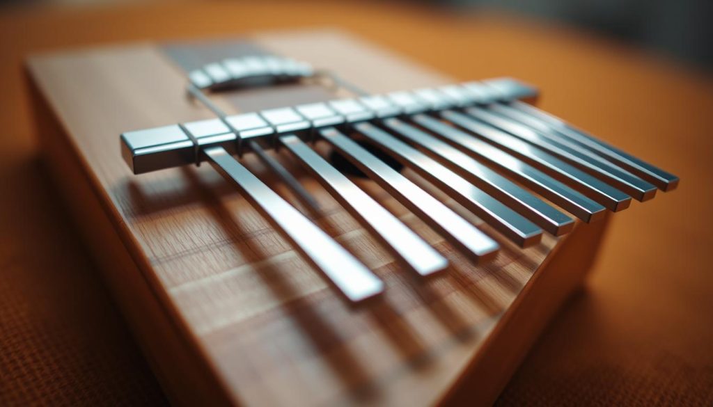 A close-up view of a handcrafted kalimba, its wooden body resting on a warm, textured surface. The instrument's metal tines, carefully tuned, are framed against a softly blurred background. Gentle side lighting casts subtle shadows, highlighting the instrument's intricate construction and the artist's meticulous attention to detail. The image conveys a sense of craftsmanship, tactility, and the quiet joy of creating a unique musical tool. A close-up view of a handcrafted kalimba, its wooden body resting on a warm, textured surface. The instrument's metal tines, carefully tuned, are framed against a softly blurred background. Gentle side lighting casts subtle shadows, highlighting the instrument's intricate construction and the artist's meticulous attention to detail. The image conveys a sense of craftsmanship, tactility, and the quiet joy of creating a unique musical tool.