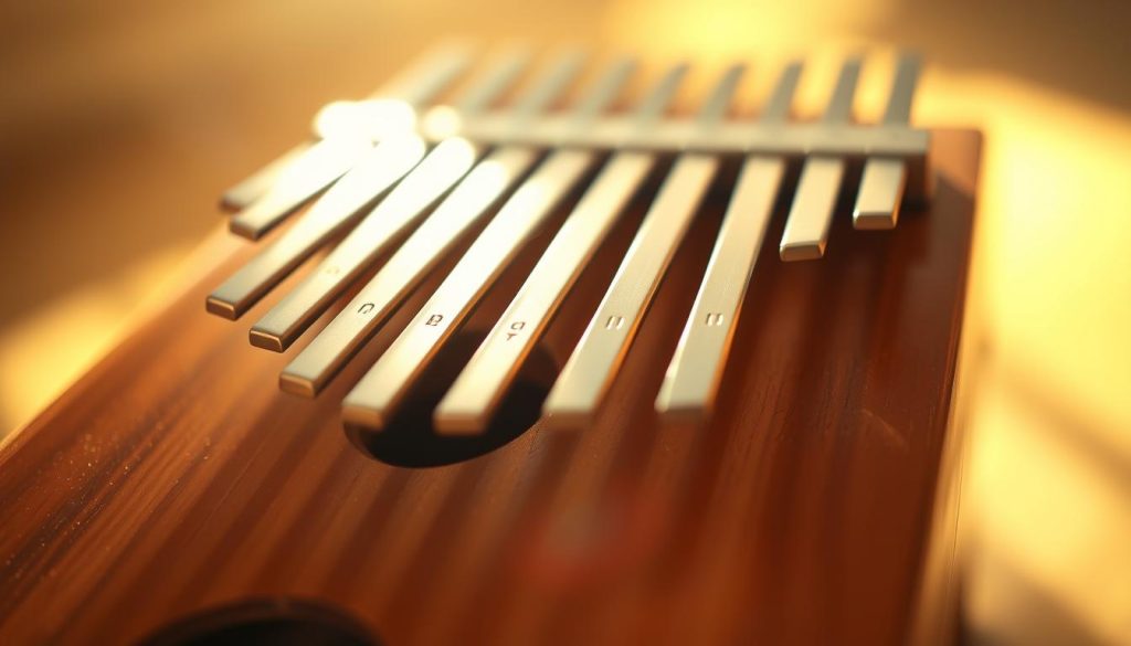 A close-up view of a kalimba, also known as a thumb piano, with its distinctive metallic tines and wooden resonating chamber. The instrument is bathed in warm, golden lighting, creating a serene and contemplative atmosphere. The camera angle is slightly tilted, lending a sense of depth and perspective to the scene. The kalimba's metallic tines glisten, inviting the viewer to imagine the gentle, melodic tones it can produce. The background is softly blurred, allowing the focus to remain on the intricate details of the instrument, emphasizing its role as the centerpiece of this evocative image.