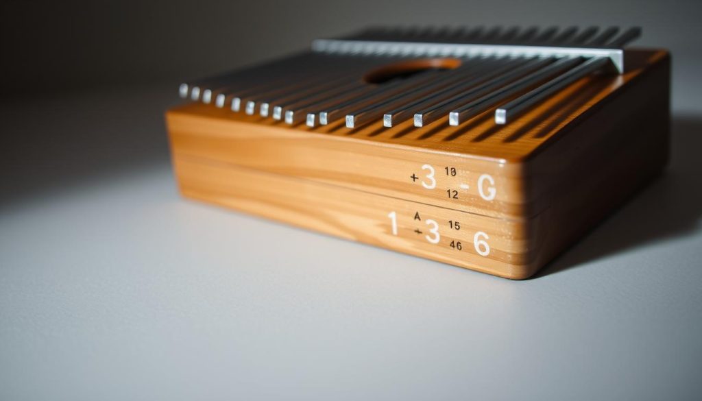 A close-up view of a kalimba musical instrument, its metal tines gently illuminated by soft, diffused lighting. The notes on the kalimba are clearly visible, the numbers etched into the wooden body providing a visual guide to the musical score. The instrument is placed on a plain, minimalist surface, allowing the focus to remain on the delicate, expressive tones of the kalimba. The overall mood is one of contemplation and musical exploration, inviting the viewer to imagine the soothing, resonant sounds of the instrument. A close-up view of a kalimba musical instrument, its metal tines gently illuminated by soft, diffused lighting. The notes on the kalimba are clearly visible, the numbers etched into the wooden body providing a visual guide to the musical score. The instrument is placed on a plain, minimalist surface, allowing the focus to remain on the delicate, expressive tones of the kalimba. The overall mood is one of contemplation and musical exploration, inviting the viewer to imagine the soothing, resonant sounds of the instrument.