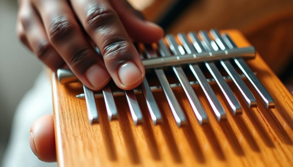 A close-up view of a pair of human thumbs gently pressing down on the tines of a kalimba, a traditional African thumb piano. The thumbs are positioned with care, creating a rhythmic pattern as they alternate between the metal tines, coaxing out a soothing, melodic sound. The kalimba is held in the foreground, its warm, wooden body and polished metal tines illuminated by soft, natural lighting, creating a sense of intimacy and focus. The background is slightly blurred, emphasizing the attention on the delicate interplay between the thumbs and the instrument. The overall mood is one of tranquility, concentration, and the joy of discovery as the musician explores the first simple melodies on this unique and captivating instrument.