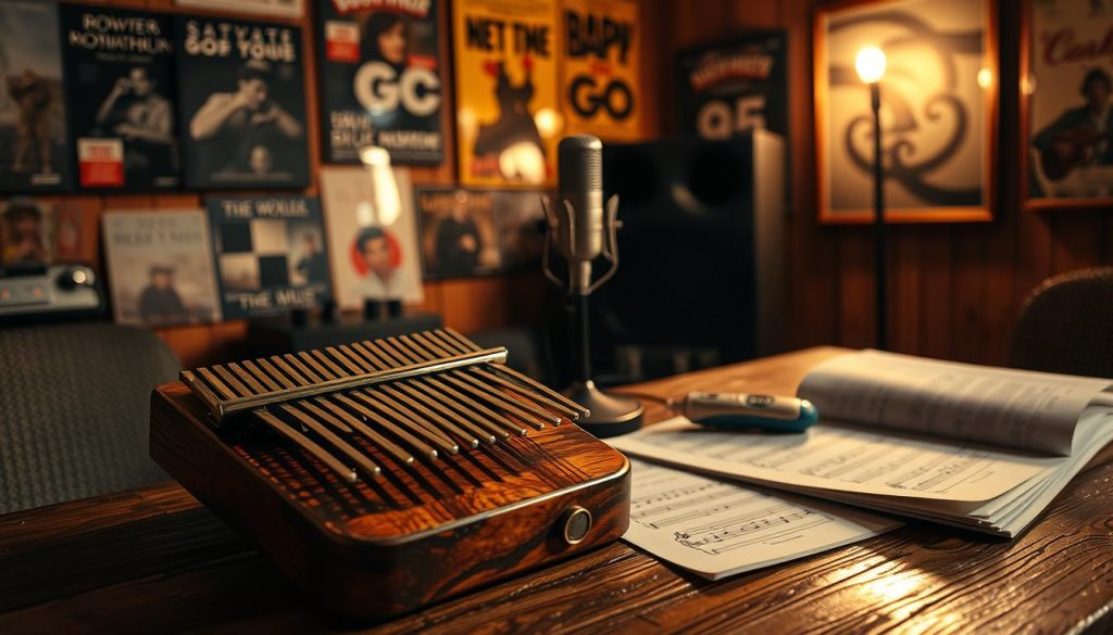 A cozy, intimate music studio bathed in warm, soft lighting. In the foreground, a kalimba rests on a weathered wooden table, its metallic tines glinting invitingly. Beside it, a stack of sheet music showcases flowing, romantic melodies. In the middle ground, a vintage microphone stands ready to capture the instrument's mellow, soulful tones. Behind, a wall of framed album covers and concert posters hints at a world of melodic, pop-infused soundscapes. Atmospheric and dreamlike, the scene evokes a sense of heartfelt, nostalgic inspiration. A cozy, intimate music studio bathed in warm, soft lighting. In the foreground, a kalimba rests on a weathered wooden table, its metallic tines glinting invitingly. Beside it, a stack of sheet music showcases flowing, romantic melodies. In the middle ground, a vintage microphone stands ready to capture the instrument's mellow, soulful tones. Behind, a wall of framed album covers and concert posters hints at a world of melodic, pop-infused soundscapes. Atmospheric and dreamlike, the scene evokes a sense of heartfelt, nostalgic inspiration.