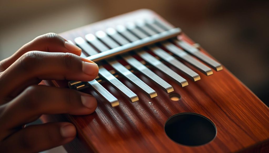 A detailed close-up of a person's hands carefully tuning a wooden kalimba, its metal tines glimmering under soft, warm lighting. The kalimba is positioned prominently in the center of the frame, with the player's fingertips delicately adjusting each tine to achieve the perfect pitch. The background is blurred, placing the focus entirely on the intricate process of tuning this traditional African hand piano. The mood is one of concentration and precision, inviting the viewer to appreciate the nuanced skill required to prepare the instrument before playing. A detailed close-up of a person's hands carefully tuning a wooden kalimba, its metal tines glimmering under soft, warm lighting. The kalimba is positioned prominently in the center of the frame, with the player's fingertips delicately adjusting each tine to achieve the perfect pitch. The background is blurred, placing the focus entirely on the intricate process of tuning this traditional African hand piano. The mood is one of concentration and precision, inviting the viewer to appreciate the nuanced skill required to prepare the instrument before playing.