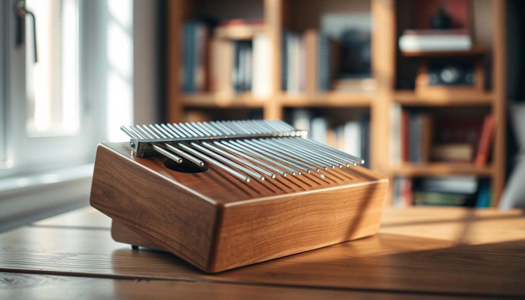 A detailed kalimba instrument sitting on a wooden table, illuminated by natural light from a nearby window. The kalimba's metal tines glisten, and the intricate woodwork of the body is clearly visible. In the background, a blurred bookshelf with music-related items creates a cozy, artistic atmosphere. The image conveys a sense of focus, simplicity, and the calm, soothing nature of the kalimba's sound, perfect for beginner to intermediate musicians. A detailed kalimba instrument sitting on a wooden table, illuminated by natural light from a nearby window. The kalimba's metal tines glisten, and the intricate woodwork of the body is clearly visible. In the background, a blurred bookshelf with music-related items creates a cozy, artistic atmosphere. The image conveys a sense of focus, simplicity, and the calm, soothing nature of the kalimba's sound, perfect for beginner to intermediate musicians.