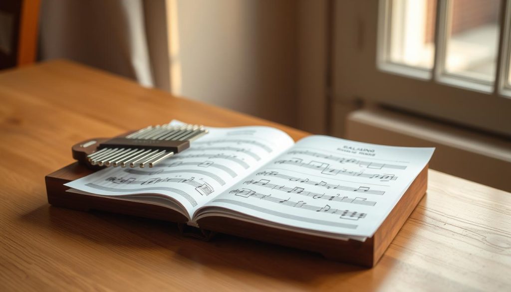 A detailed tablature sheet for a kalimba, the traditional African thumb piano, lies open on a wooden table. The notation clearly depicts the finger positions and rhythms required to play a simple melody. Soft, warm lighting from a nearby window casts a gentle glow, highlighting the intricate patterns and textures of the kalimba's tines. The table surface is clean and uncluttered, allowing the tablature to be the focal point. The overall scene conveys a sense of focused study and the joy of learning a new musical instrument, perfect for illustrating a tutorial on playing the kalimba without prior music theory knowledge.