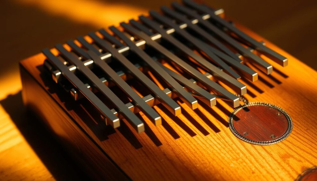 A finely crafted kalimba, its metal tines meticulously tuned and aligned, resting on a wooden soundboard. Warm, golden light bathes the instrument, highlighting the intricate grain patterns and the subtle curves of the body. The tines cast delicate shadows, creating a sense of depth and dimension. The overall composition evokes a serene, meditative atmosphere, inviting the viewer to appreciate the artistry and craftsmanship that goes into creating a high-quality kalimba. The focus is on the "accordage lames," the precise tuning and arrangement of the metal tines, which are the key to the instrument's distinctive and harmonious sound.