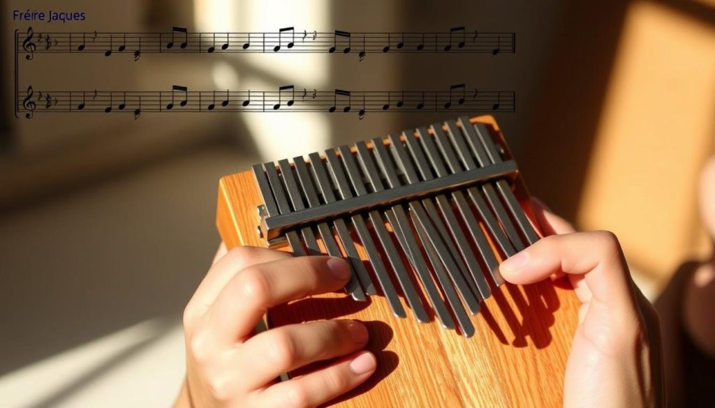 A person's hands playing a wooden kalimba instrument, with the musical notes of the classic children's song "Frère Jacques" floating above. The kalimba is held in a warm, natural lighting, casting gentle shadows. The player's fingers move delicately across the metal tines, creating a soothing, melodic sound. The background is blurred, allowing the kalimba to be the focal point, emphasizing the simple pleasure of creating music. The overall scene evokes a sense of tranquility and the joy of learning a new musical skill. A person's hands playing a wooden kalimba instrument, with the musical notes of the classic children's song "Frère Jacques" floating above. The kalimba is held in a warm, natural lighting, casting gentle shadows. The player's fingers move delicately across the metal tines, creating a soothing, melodic sound. The background is blurred, allowing the kalimba to be the focal point, emphasizing the simple pleasure of creating music. The overall scene evokes a sense of tranquility and the joy of learning a new musical skill.