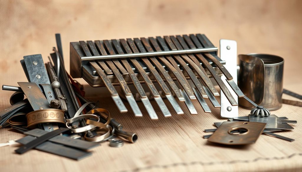 A well-lit, high-resolution image showcasing a collection of metal strips and scrap pieces in various shapes and sizes, arranged in a visually appealing and organized manner. The metallic items are displayed against a neutral, earthy background, such as a wooden surface or a simple studio setup, to highlight their texture and sheen. The composition emphasizes the repurposing and reuse potential of these metal materials, conveying a sense of sustainability and eco-friendly craftsmanship. The overall mood is one of inspiration and practical application, hinting at the versatility of these humble materials in the creation of a handmade kalimba.