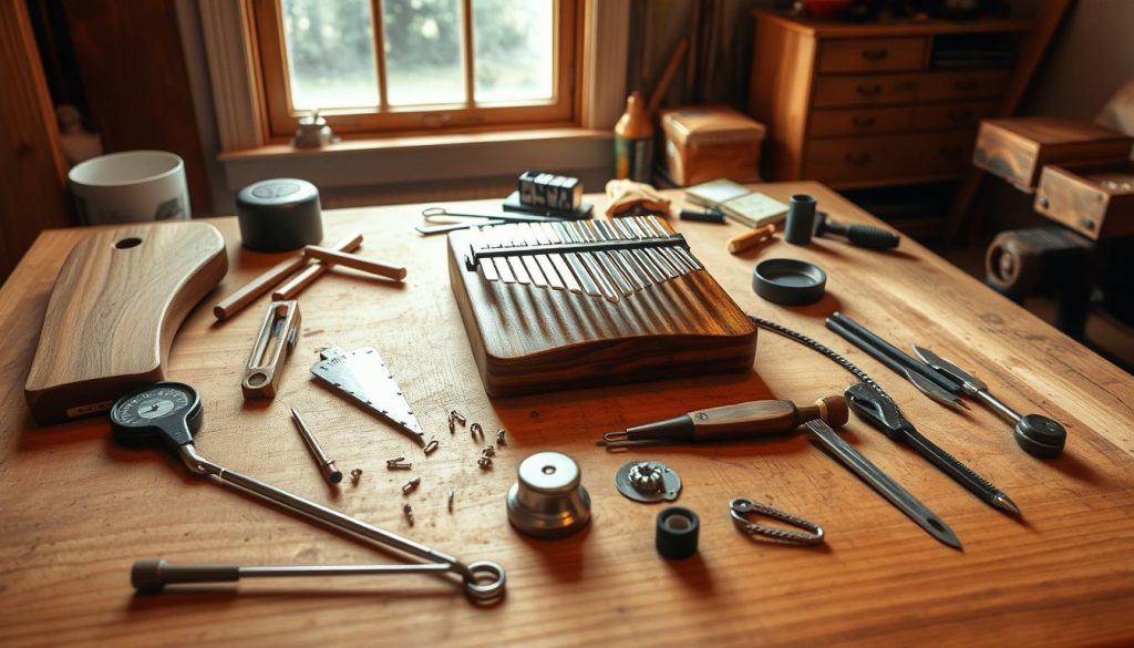 A workshop table with various handcrafted instruments and tools, including a kalimba, metronome, tuning fork, and other music-making accessories. The scene is illuminated by a warm, natural light filtering through a window, casting soft shadows and highlighting the textures of the wooden surfaces and metal hardware. The composition emphasizes the tactile, hands-on nature of these "clever tools" for musical exploration and progression, inviting the viewer to imagine the creative process behind crafting unique musical expressions. A workshop table with various handcrafted instruments and tools, including a kalimba, metronome, tuning fork, and other music-making accessories. The scene is illuminated by a warm, natural light filtering through a window, casting soft shadows and highlighting the textures of the wooden surfaces and metal hardware. The composition emphasizes the tactile, hands-on nature of these "clever tools" for musical exploration and progression, inviting the viewer to imagine the creative process behind crafting unique musical expressions.