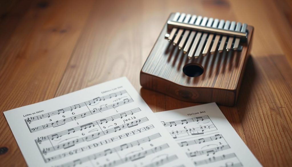 Detailed sheet music notation with letters and numbers, positioned on a wooden background. The foreground features a clean layout of musical symbols, clearly displaying the "lettres chiffres notation" concept. The middle ground showcases a vintage kalimba or thumb piano, complementing the musical theme. The background is softly lit, with a warm, earthy tone that creates a inviting, educational atmosphere. The overall composition highlights the contrast between letter-based and number-based musical notation, suitable for illustrating the "Partitions en lettres versus partitions en chiffres" section. Detailed sheet music notation with letters and numbers, positioned on a wooden background. The foreground features a clean layout of musical symbols, clearly displaying the "lettres chiffres notation" concept. The middle ground showcases a vintage kalimba or thumb piano, complementing the musical theme. The background is softly lit, with a warm, earthy tone that creates a inviting, educational atmosphere. The overall composition highlights the contrast between letter-based and number-based musical notation, suitable for illustrating the "Partitions en lettres versus partitions en chiffres" section.