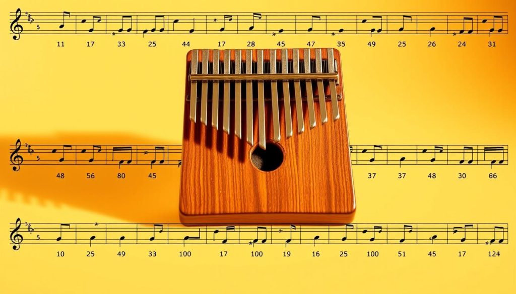 Tablature kalimba: a detailed illustration of the unique visual notation system for the African thumb piano. A wooden kalimba instrument is positioned prominently in the center, its tines and numbered frets clearly visible. The tablature grid overlay highlights the relationships between the physical strings and the corresponding numerical values. The warm, natural lighting casts a soft glow, emphasizing the organic textures of the wooden body. The background is minimalist, allowing the kalimba and its tablature to be the sole focus, guiding the viewer's eye to the essential elements needed for efficient and intuitive reading of this specialized musical score. Tablature kalimba: a detailed illustration of the unique visual notation system for the African thumb piano. A wooden kalimba instrument is positioned prominently in the center, its tines and numbered frets clearly visible. The tablature grid overlay highlights the relationships between the physical strings and the corresponding numerical values. The warm, natural lighting casts a soft glow, emphasizing the organic textures of the wooden body. The background is minimalist, allowing the kalimba and its tablature to be the sole focus, guiding the viewer's eye to the essential elements needed for efficient and intuitive reading of this specialized musical score.