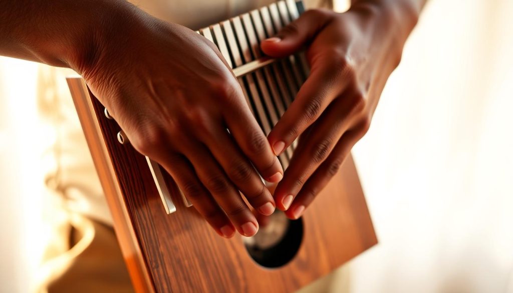 A close-up shot of a person's hands gracefully playing a kalimba, a traditional African thumb piano, against a softly blurred background. The kalimba's metallic tines glisten under warm, natural lighting, capturing the instrument's intricate details. The player's fingers move with precision and fluidity, creating a sense of practiced routine. The composition emphasizes the mesmerizing motion of the hands, inviting the viewer to become immersed in the captivating rhythm of the kalimba's soothing, meditative tones.