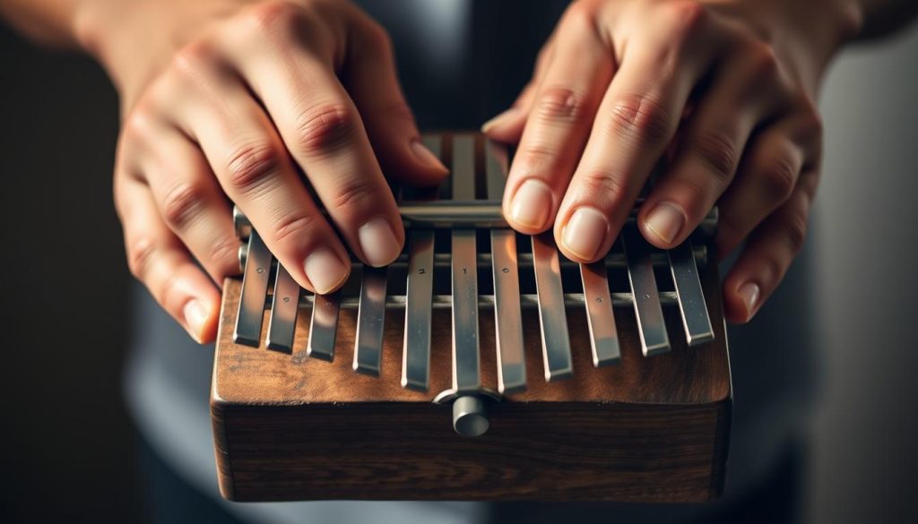 A close-up shot of hands holding a kalimba, the traditional African thumb piano. The fingers are gently placed on the metal tines, poised to pluck and coax out the instrument's warm, resonant tones. The lighting is soft and diffused, creating a serene, intimate atmosphere. The kalimba is positioned in the center of the frame, filling the foreground, with a blurred, neutral background to keep the focus on the hands and the instrument. The overall composition and mood convey the sense of a beginner's first steps in mastering the kalimba, with a focus on the fundamentals of hand positioning and playing technique.