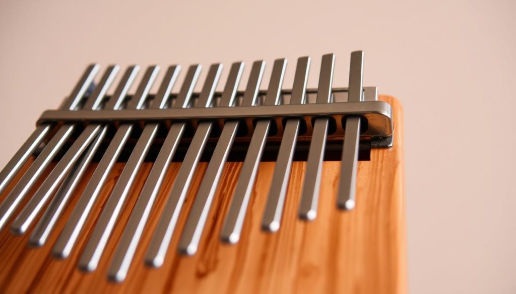 A close-up view of a kalimba instrument, capturing the intricate steel tines or "lames" against a simple, neutral background. The lames are highlighted with soft, directional lighting, showcasing their polished, metallic finish and slender, uniform shape. The composition emphasizes the tines, filling the frame and inviting the viewer to appreciate the precision and craftsmanship of this musical tool. The overall mood is one of simplicity, attention to detail, and the appreciation of the instrument's essential components. A close-up view of a kalimba instrument, capturing the intricate steel tines or "lames" against a simple, neutral background. The lames are highlighted with soft, directional lighting, showcasing their polished, metallic finish and slender, uniform shape. The composition emphasizes the tines, filling the frame and inviting the viewer to appreciate the precision and craftsmanship of this musical tool. The overall mood is one of simplicity, attention to detail, and the appreciation of the instrument's essential components.
