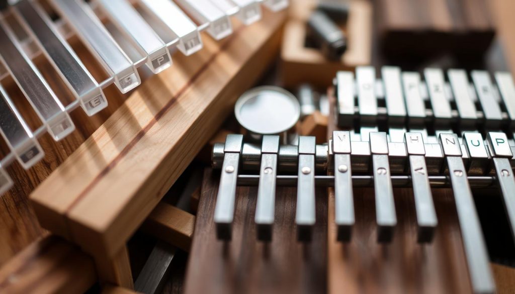 A close-up view of various materials commonly used in the construction and repair of kalimbas, including acrylic, metal, and wood, illuminated by soft, diffused lighting that highlights their unique textures and colors. The materials are arranged in an organized, visually appealing composition, with a sense of depth and balance, showcasing their key characteristics and suitability for different kalimba designs and maintenance needs. A close-up view of various materials commonly used in the construction and repair of kalimbas, including acrylic, metal, and wood, illuminated by soft, diffused lighting that highlights their unique textures and colors. The materials are arranged in an organized, visually appealing composition, with a sense of depth and balance, showcasing their key characteristics and suitability for different kalimba designs and maintenance needs.