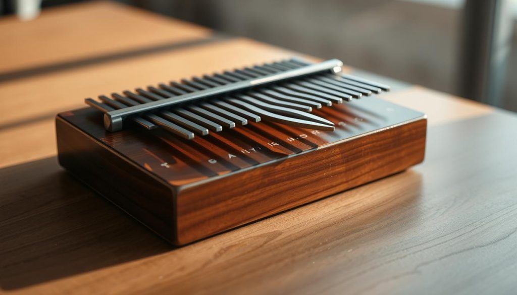 A detailed, close-up view of a partition kalimba, resting on a wooden table, illuminated by soft, natural lighting. The kalimba's keys are rendered in rich, burnished tones, each one meticulously crafted. The instrument is positioned to showcase its elegant, minimalist design, with a focus on the delicate, hand-engraved musical notation on the partition. The background is subtly blurred, creating a sense of depth and emphasizing the kalimba's central role. The overall mood is serene and contemplative, inviting the viewer to imagine the soothing, melodic sounds that this instrument can produce.
