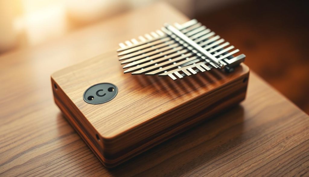 A kalimba with 17 lames in the key of C major, resting on a wooden surface. The instrument is depicted in a close-up view, with crisp focus and warm, natural lighting that highlights the intricate details of the lames and the wooden body. The background is softly blurred, creating a sense of depth and emphasizing the kalimba as the central subject. The overall mood is one of simplicity, elegance, and the calming, soothing essence of this traditional African musical instrument.