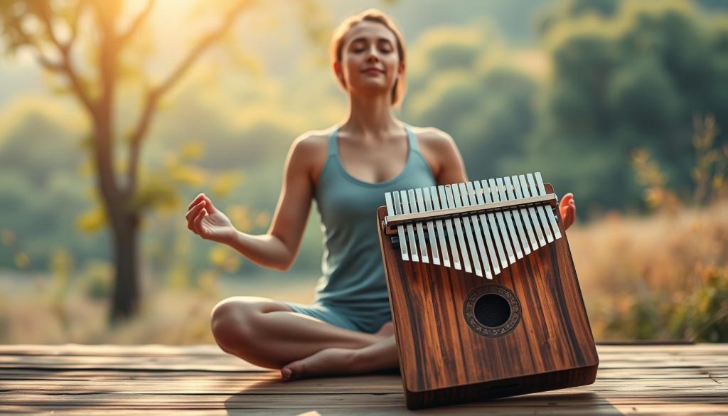 A serene, meditative scene of a person in a yoga pose, their body and spirit in perfect harmony. The foreground features a person sitting cross-legged, eyes closed, hands in a mudra gesture, radiating a sense of inner peace and connection. The middle ground showcases a kalimba, its metallic tines gently vibrating, emitting a soothing, resonant tone that enhances the tranquil atmosphere. The background is a softly blurred, natural landscape with lush greenery, warm lighting, and a calming, hazy ambiance that evokes a sense of balance and wellness. The overall composition conveys a powerful connection between the physical, mental, and spiritual aspects of the individual, capturing the essence of the "connexion corps-esprit" concept.